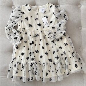 NWT — GAP Long Sleeve Ivory Tulle Dress with Black Floral Design